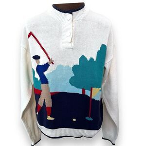Leon Levin Golf Sweater Women’s Size Medium Vintage White Blue Made Hong Kong